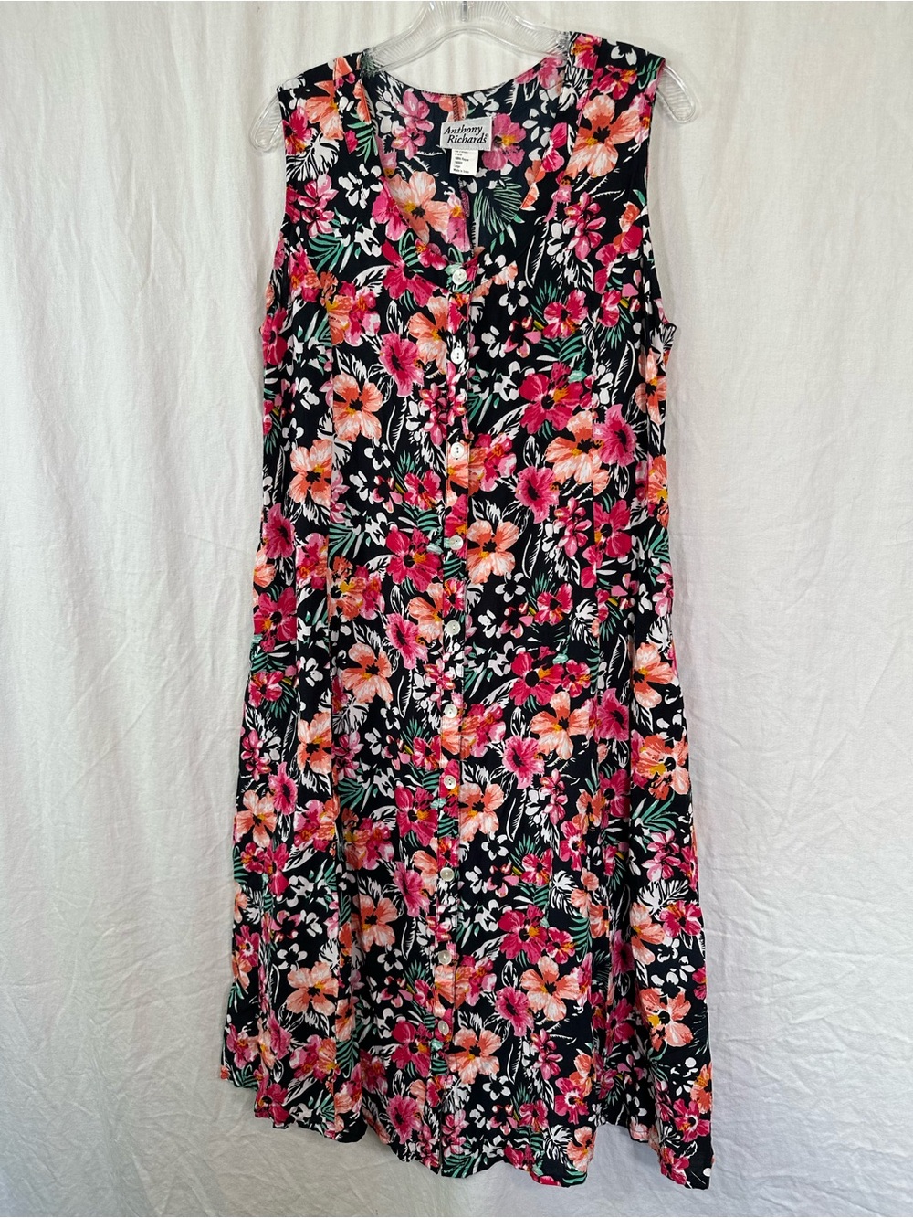 Anthony Richards Sz L Floral Sleeveless Vintage Hawaiian Button Front Dress